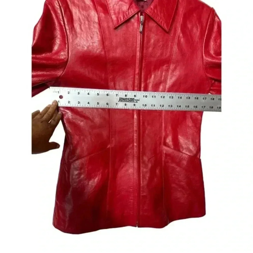 Y2K Genuine Leather Zip Jacket B*Lucid Cherry Red Fitted Moto Size Small - Picture 5 of 16